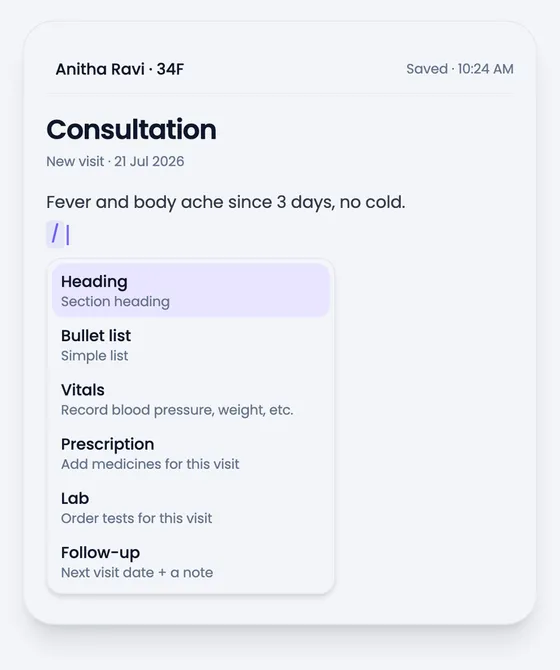 The slash menu in a prescribing clinic: Heading, Bullet list, Vitals, Prescription, Lab and Follow-up