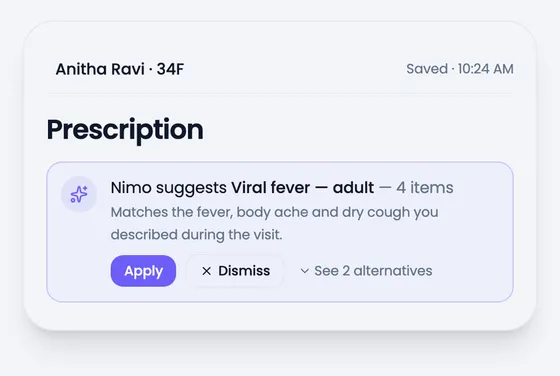 Nimo suggests 'Viral fever — adult', matching the fever, body ache and dry cough described, with Apply, Dismiss and alternatives