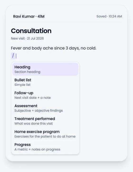 The same slash menu in a physiotherapy clinic, with physio-specific blocks
