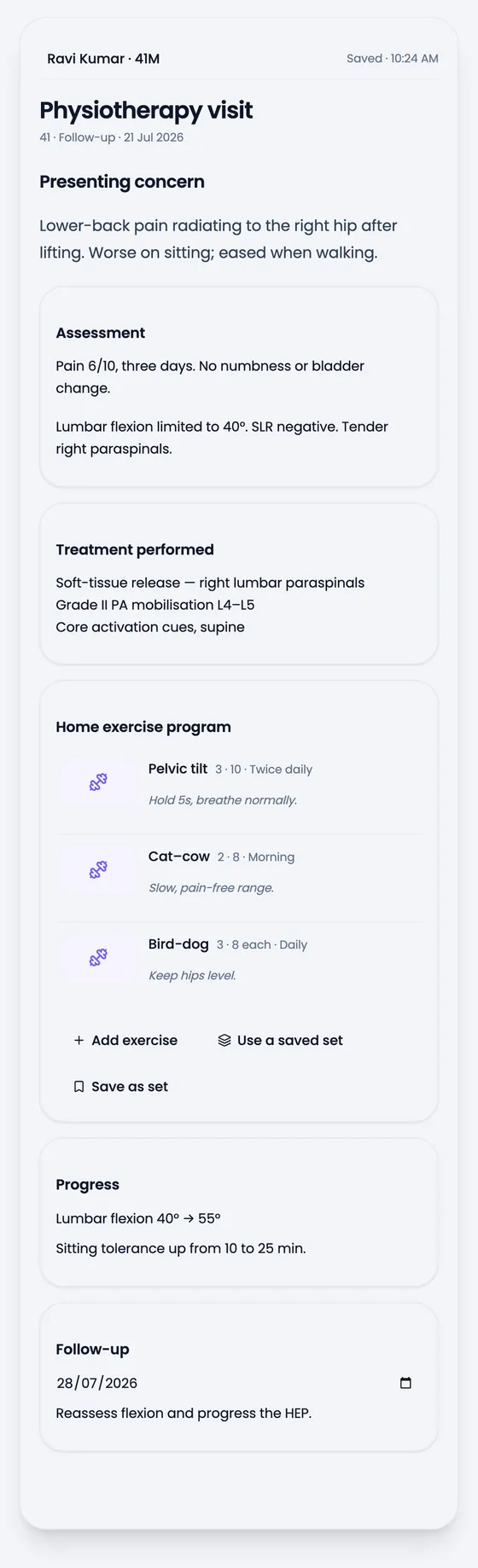 A finished physiotherapy note built from clinical blocks